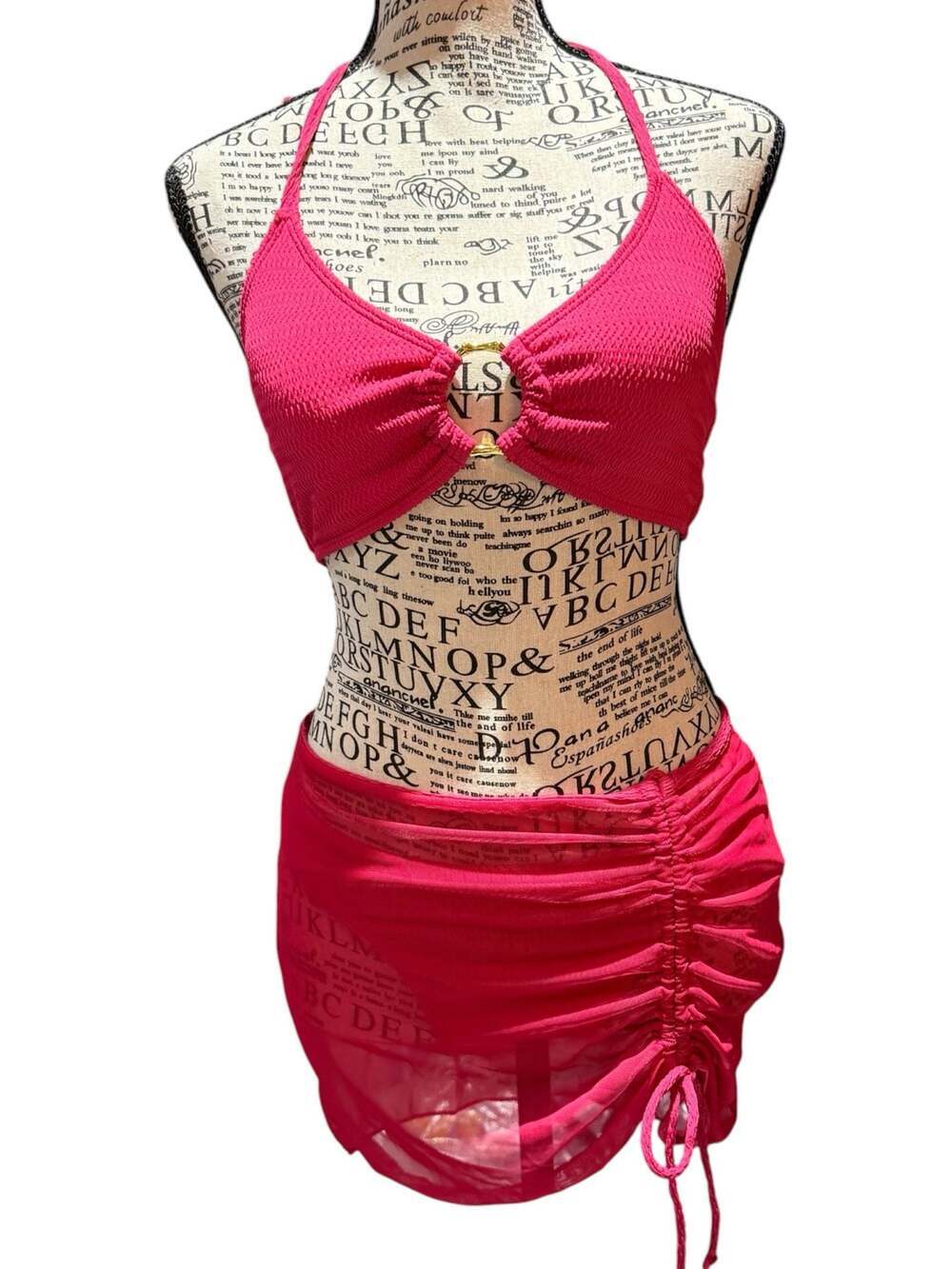 NWT Cupshe Hot Pink Textured Bikini Set Cover Up Skirt Size Small